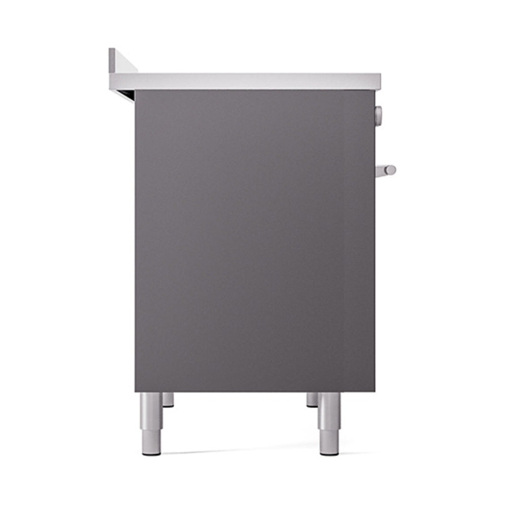 Matte graphite solid-door oven with raised top and side handles, freestanding legs.