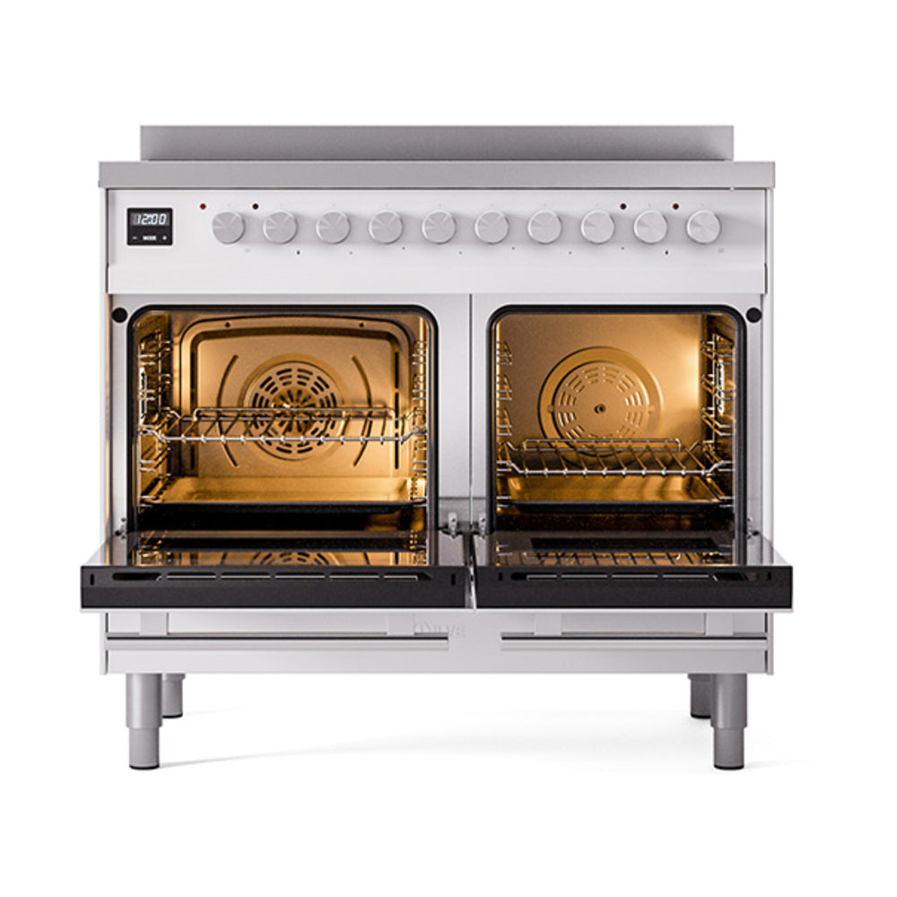 Stainless induction range with two open oven compartments and wire racks