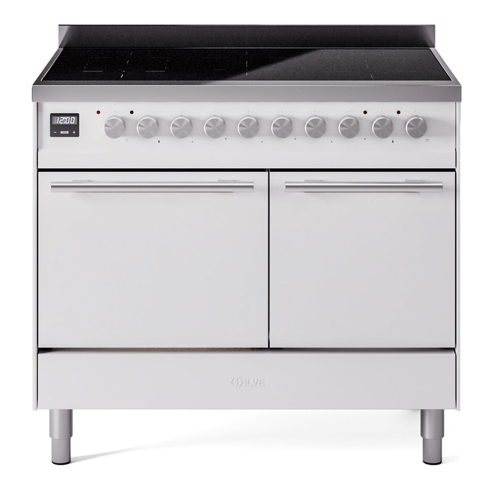 White double-door induction range with front control knobs and black cooktop