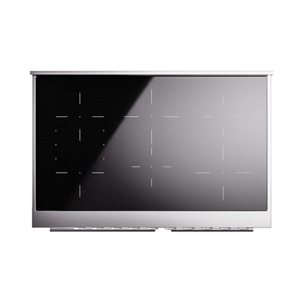 Black induction cooktop with white zone markings and control panel edge