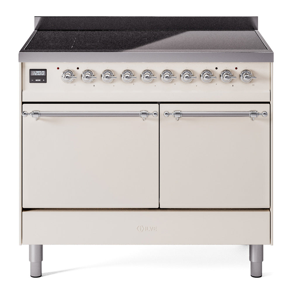 Antique white induction range with two solid-door ovens, chrome knobs and control panel
