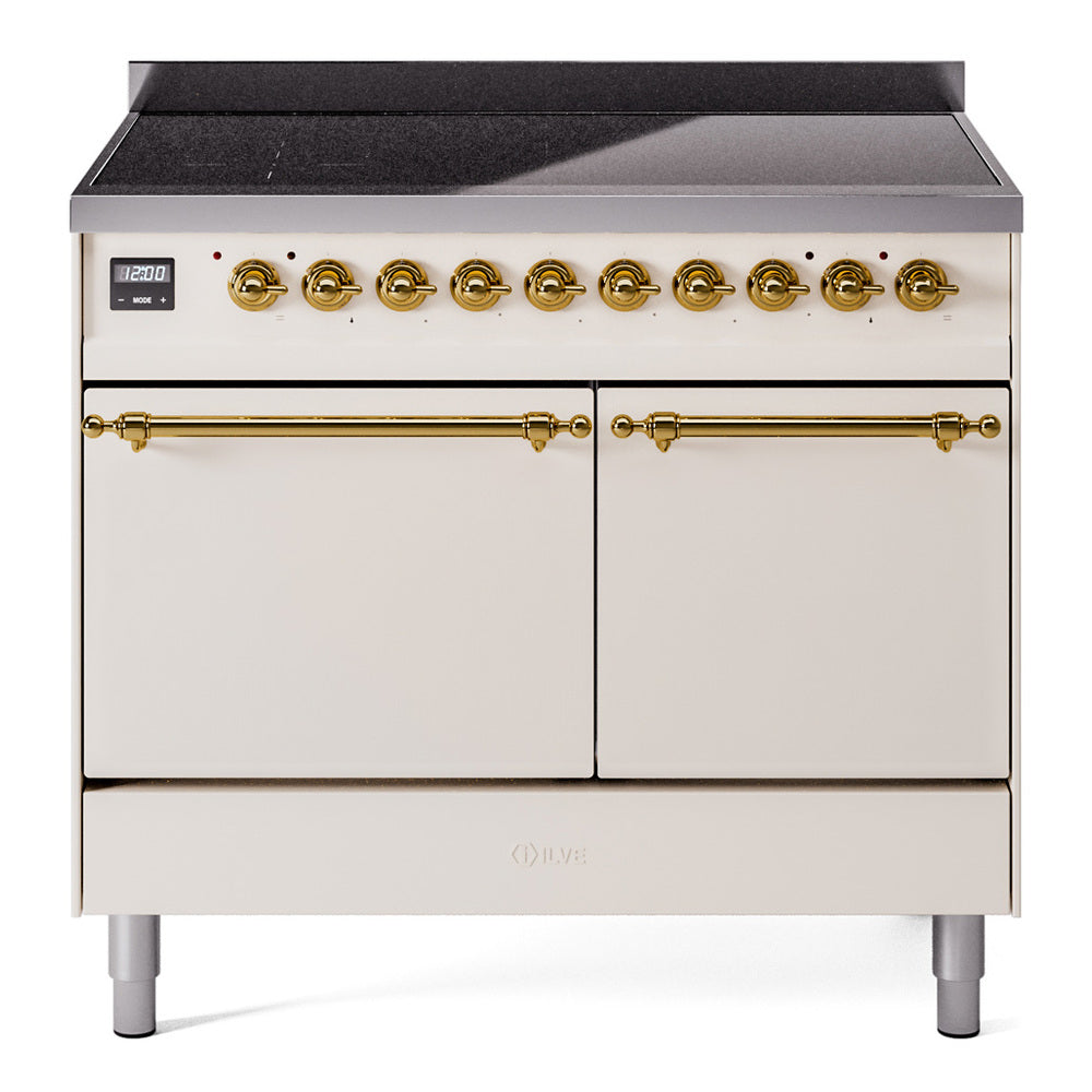 ILVE induction range front view in antique white with brass knobs and closed dual oven doors