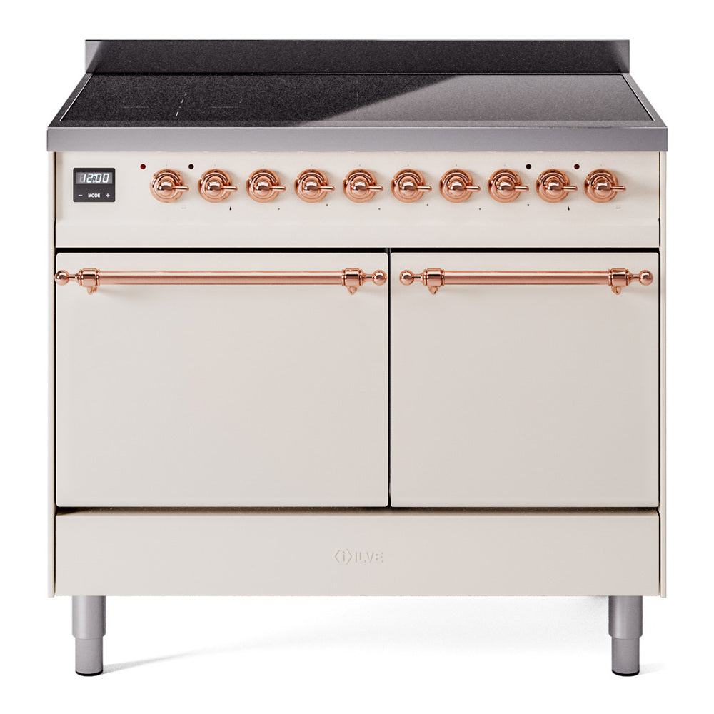 Antique white ILVE induction range with two closed solid doors and copper control knobs