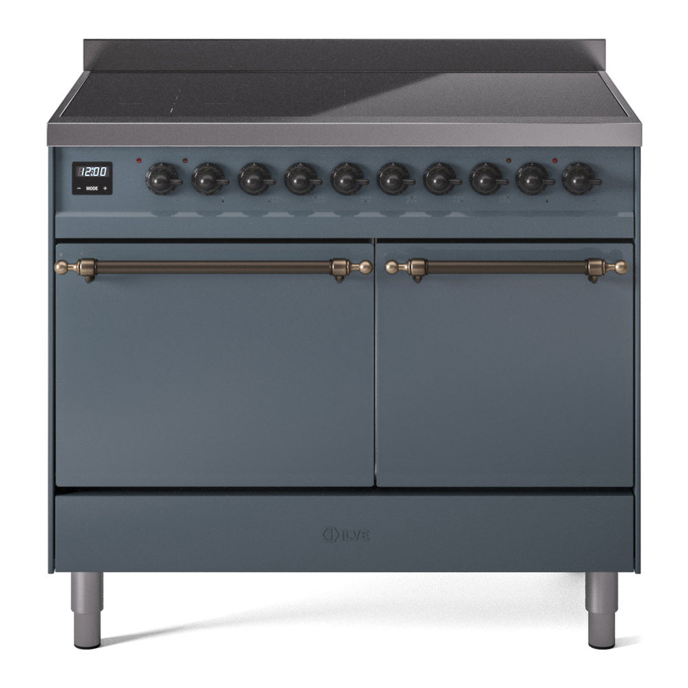 Blue grey induction range with twin oven doors, bronze control knobs and trim