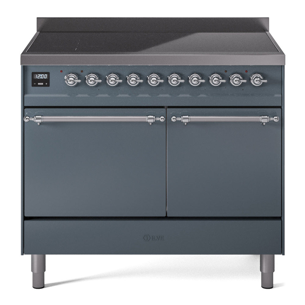 Blue grey induction range with two solid doors, chrome handles, and control panel