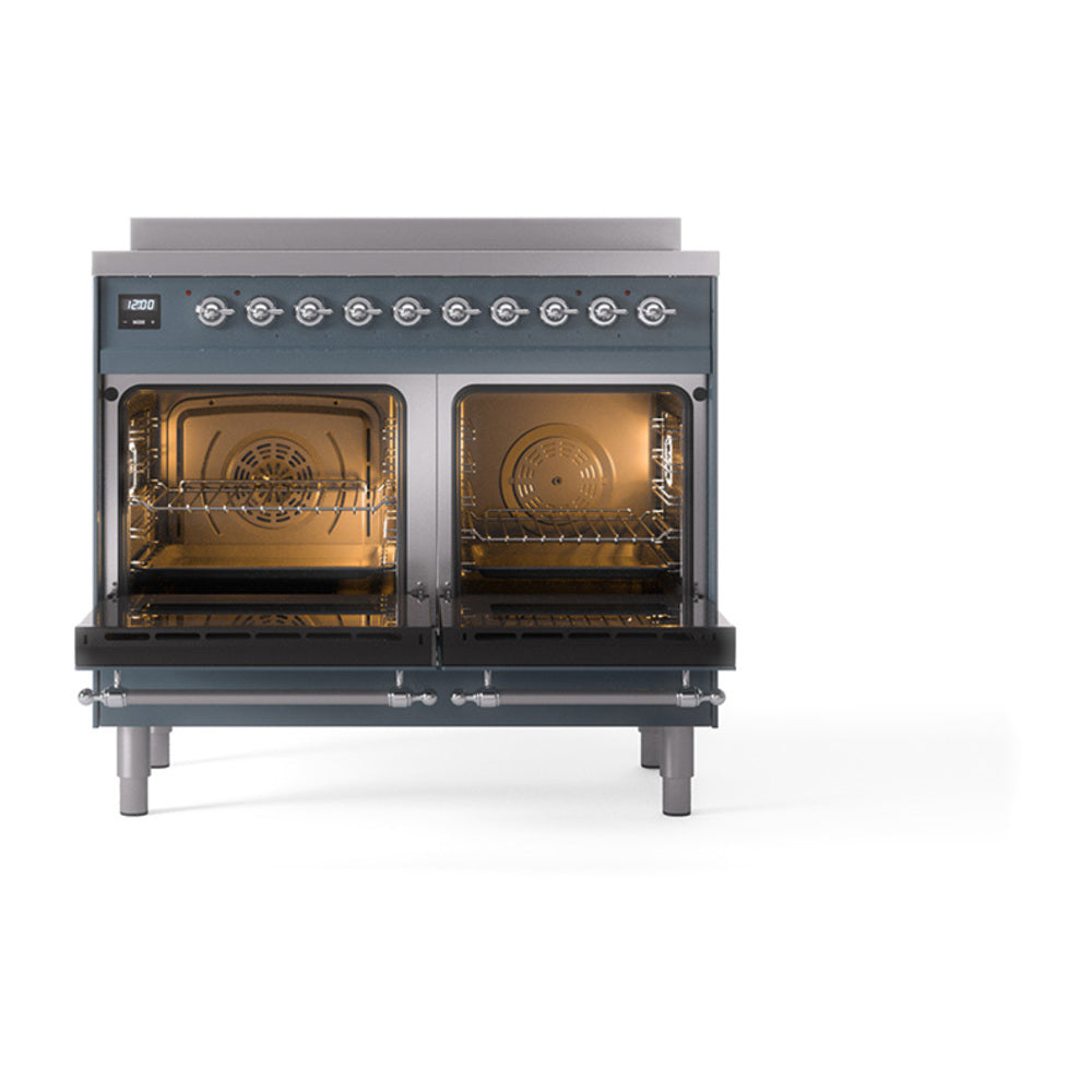 Blue grey induction range with open solid-door oven, chrome trim and control knobs