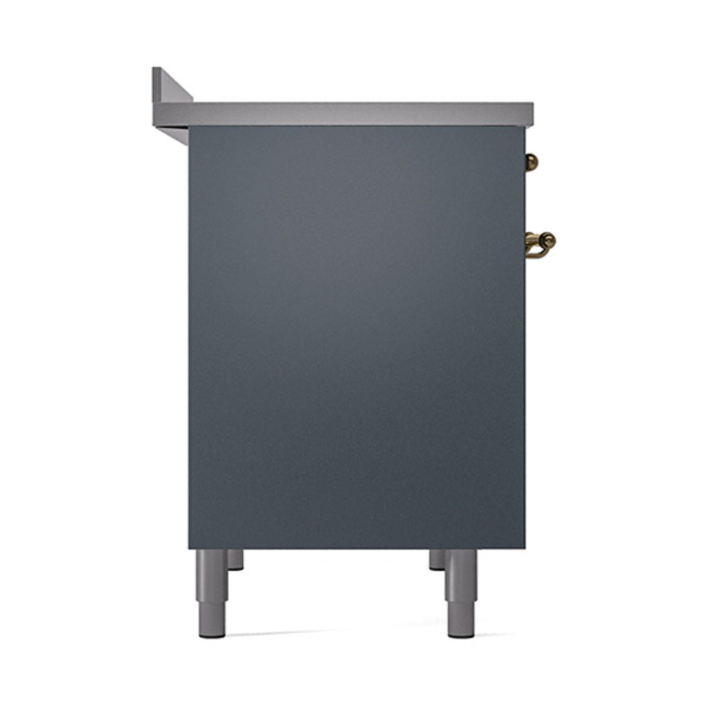 Blue-grey solid oven door with brass hinges and four metal legs
