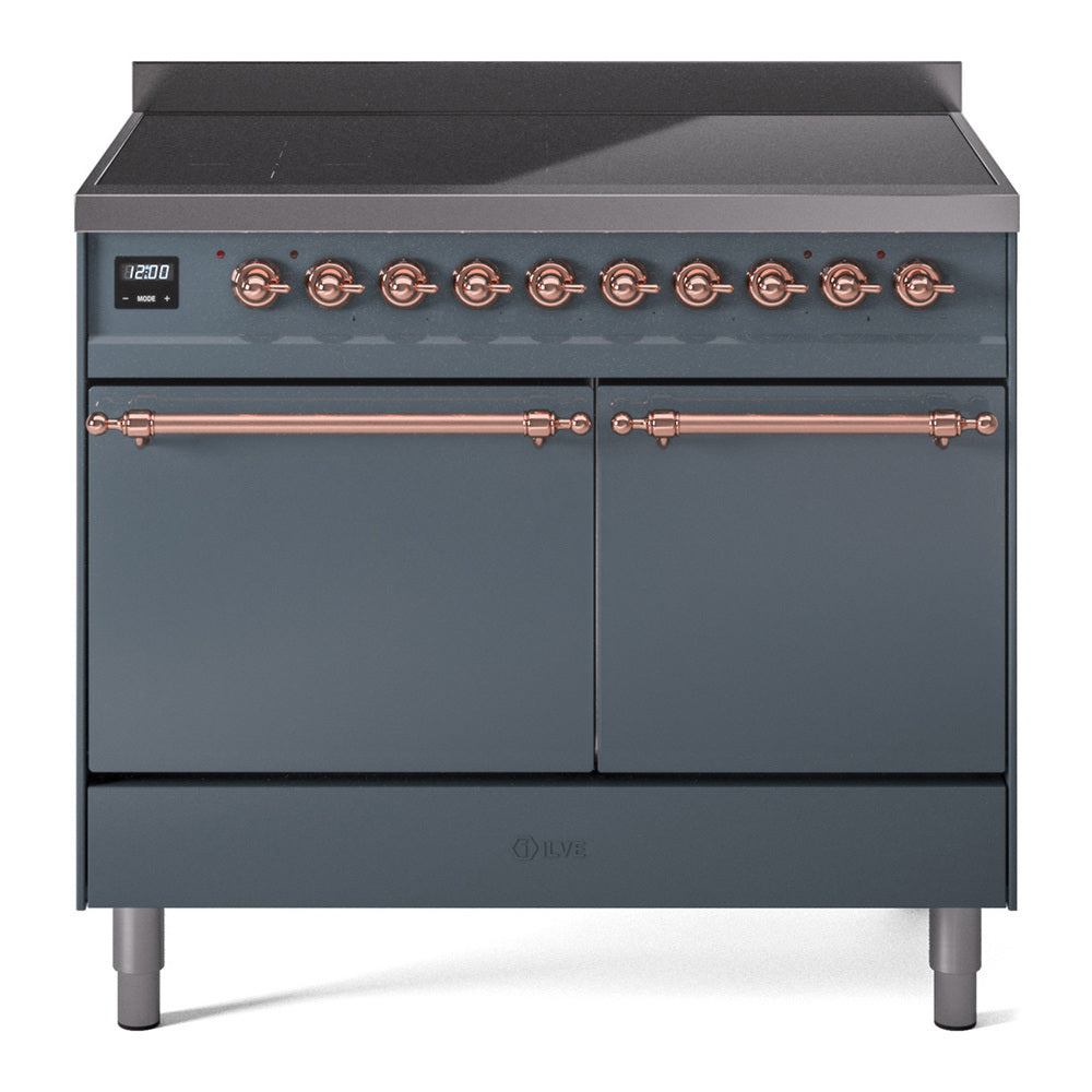 Blue-grey induction range front with copper knobs and double oven doors