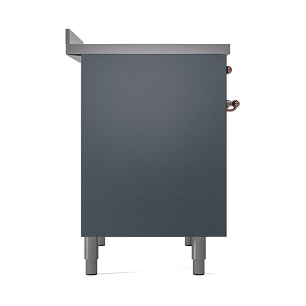 Blue-grey solid oven door with copper handle and side trim