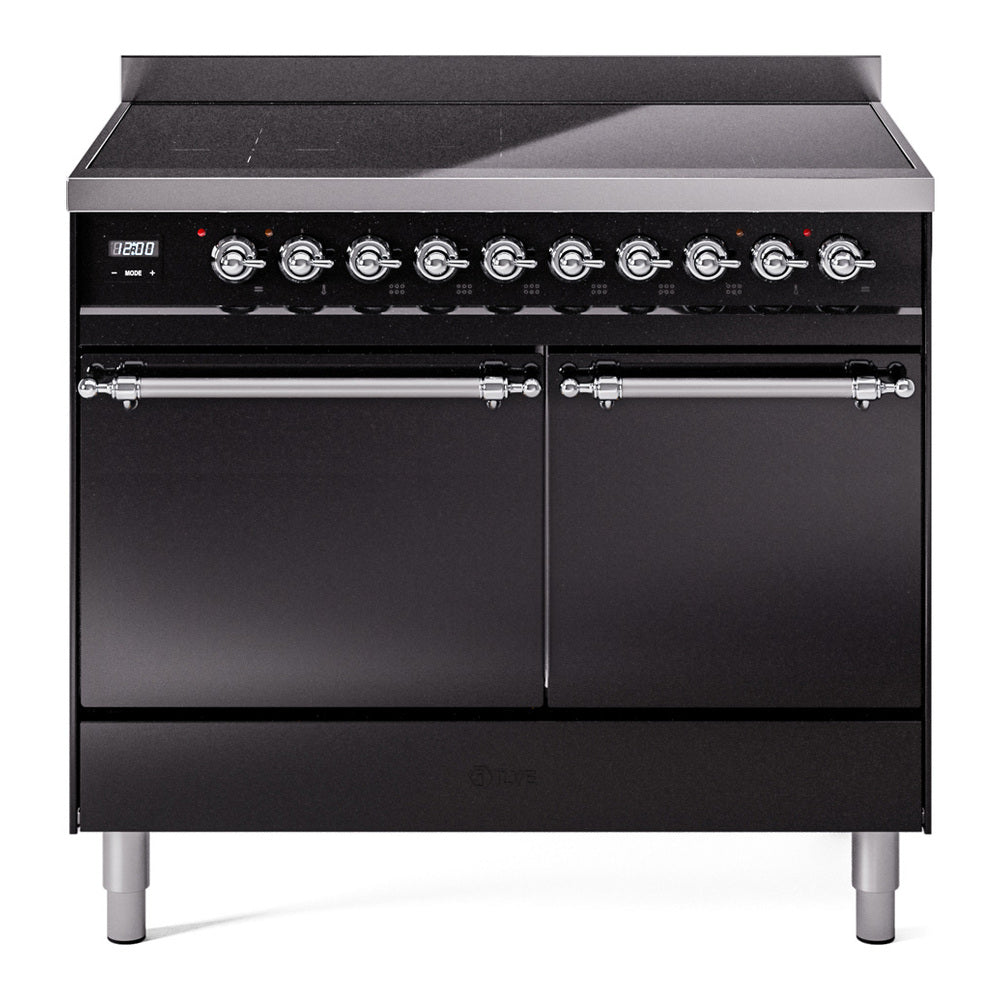 Glossy black induction range with control knobs and two solid oven doors