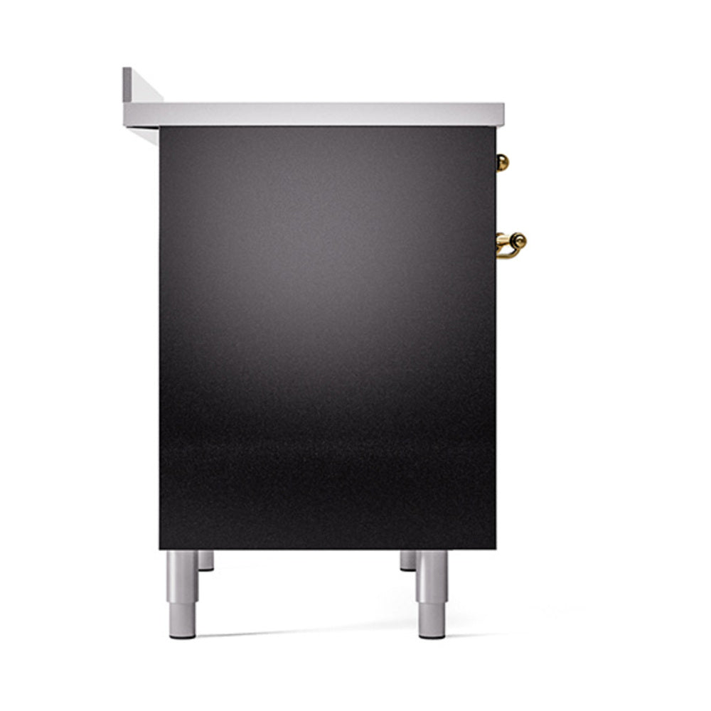 Black glossy oven door with silver legs and side brass hinges