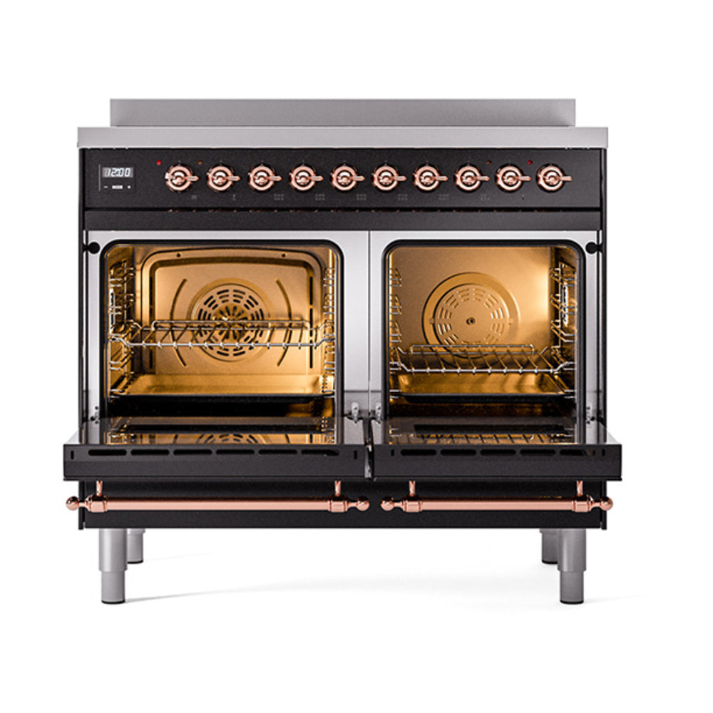 Black induction range with open solid-door ovens and copper-trim controls