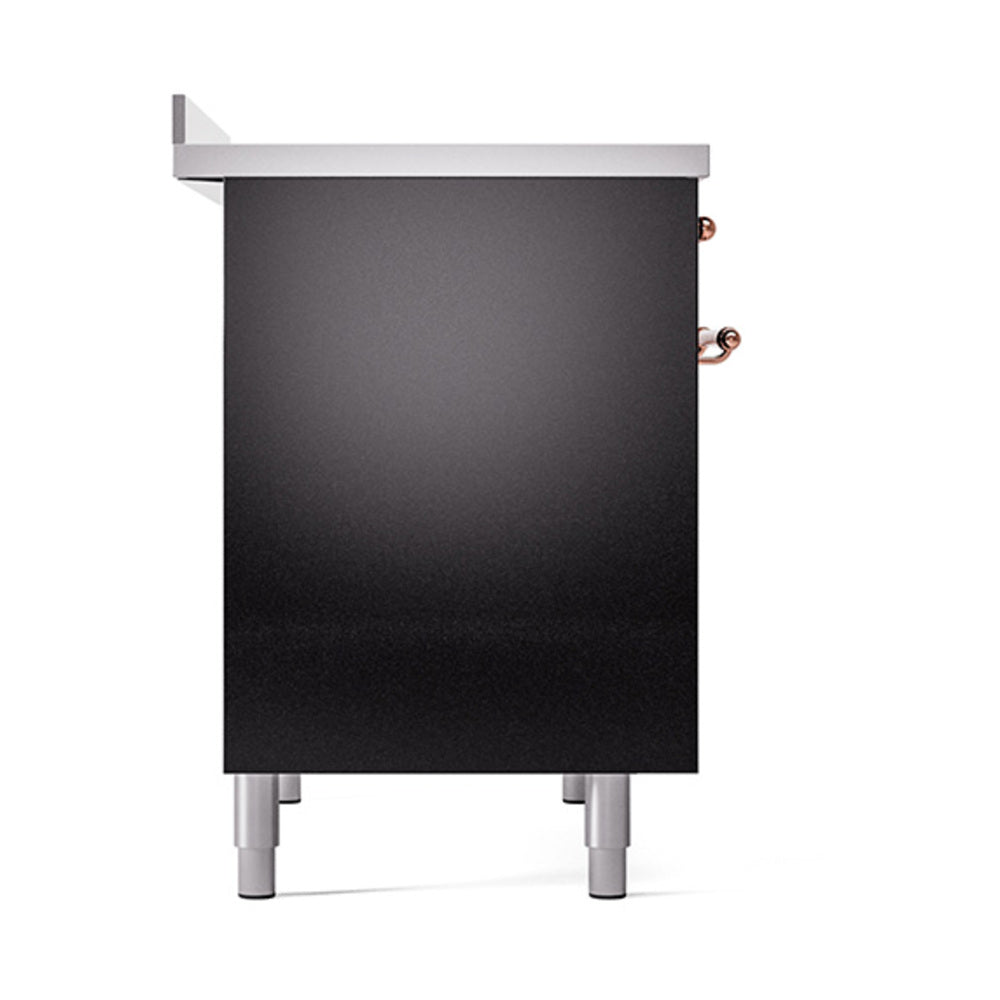 Black solid oven door with copper handle and silver legs