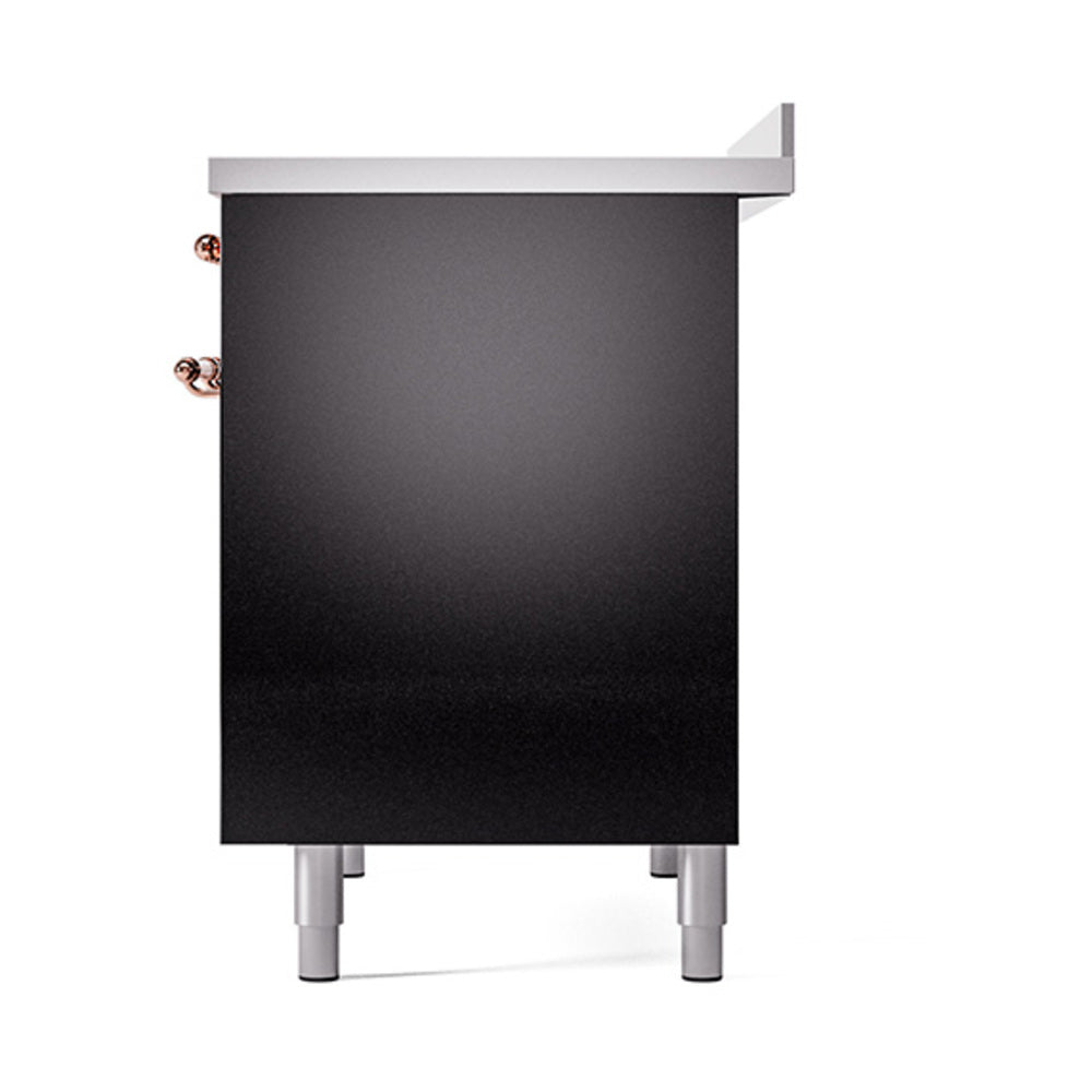 Black solid oven door with copper handle details and silver feet