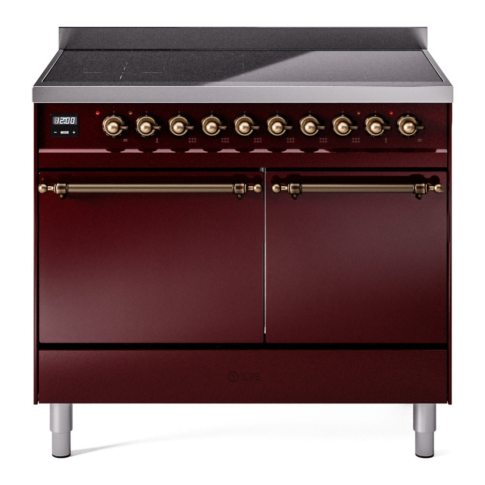Burgundy induction range with bronze knobs, closed double oven doors, and backguard