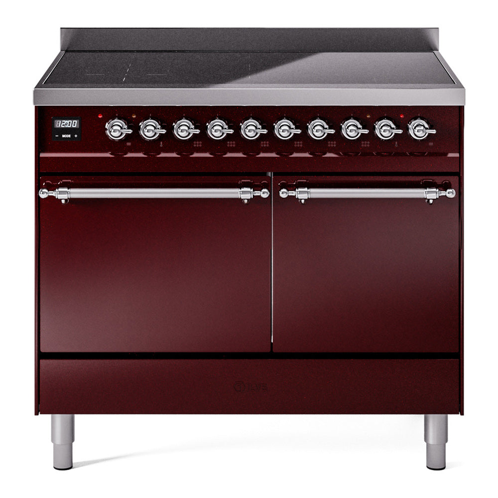 Burgundy induction range base with black cooktop and twin oven doors, chrome handles