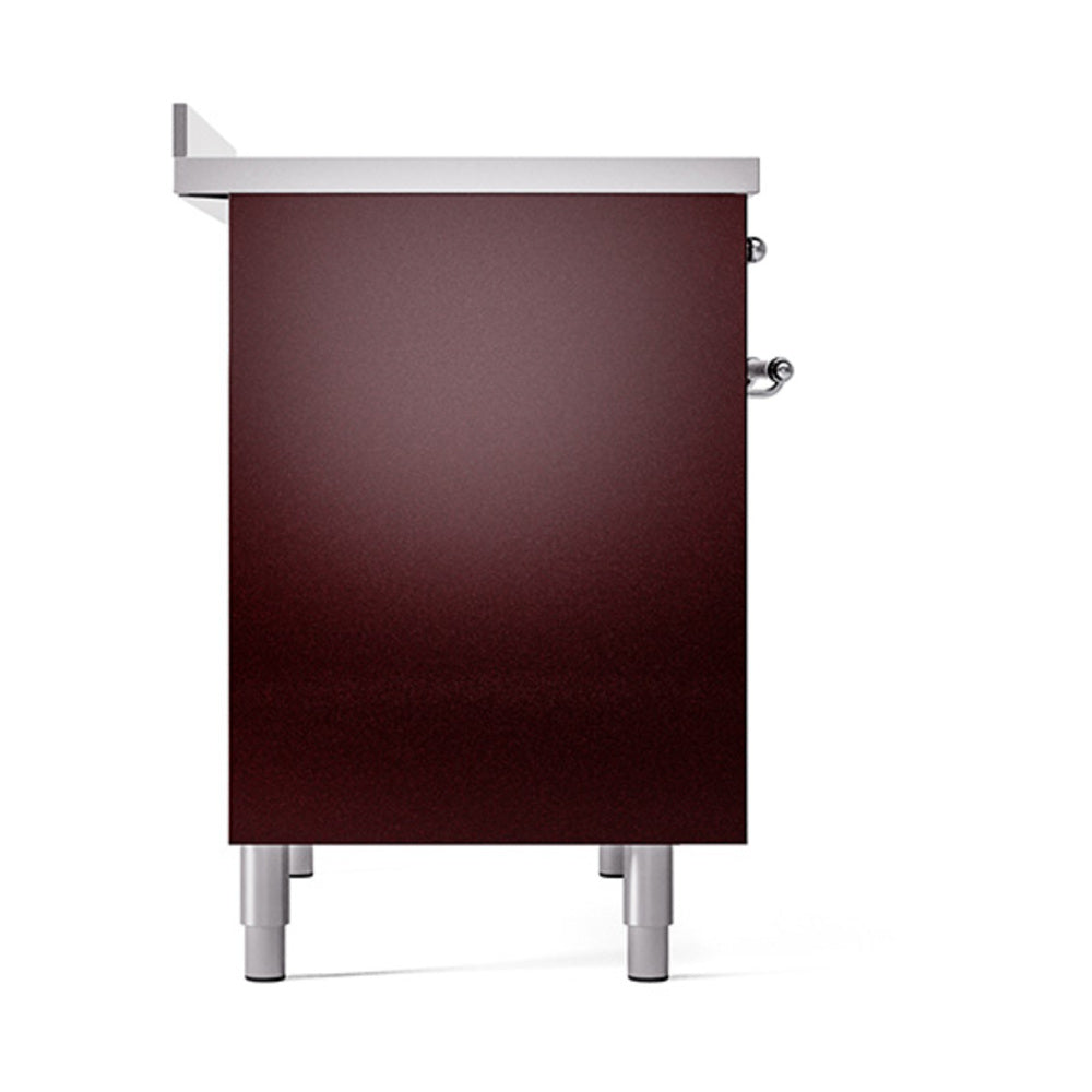 Burgundy solid oven door with chrome handle and gray top trim