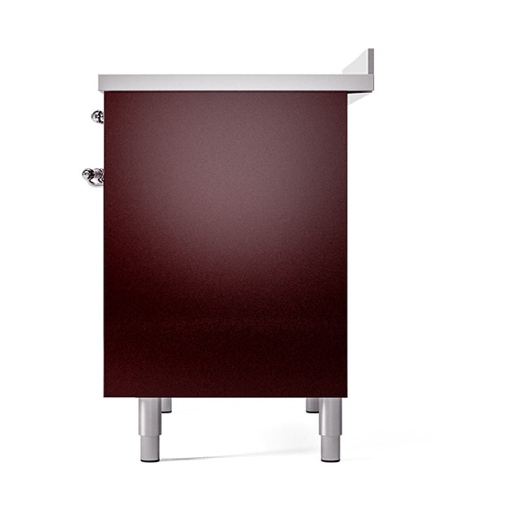Burgundy oven door panel with chrome handle hardware and gray base legs