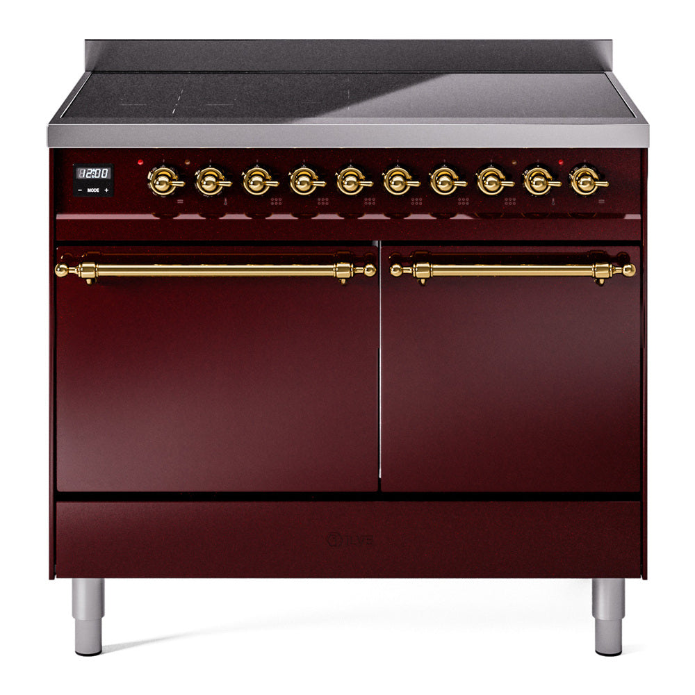 Burgundy induction range with brass knob panel and two solid oven doors