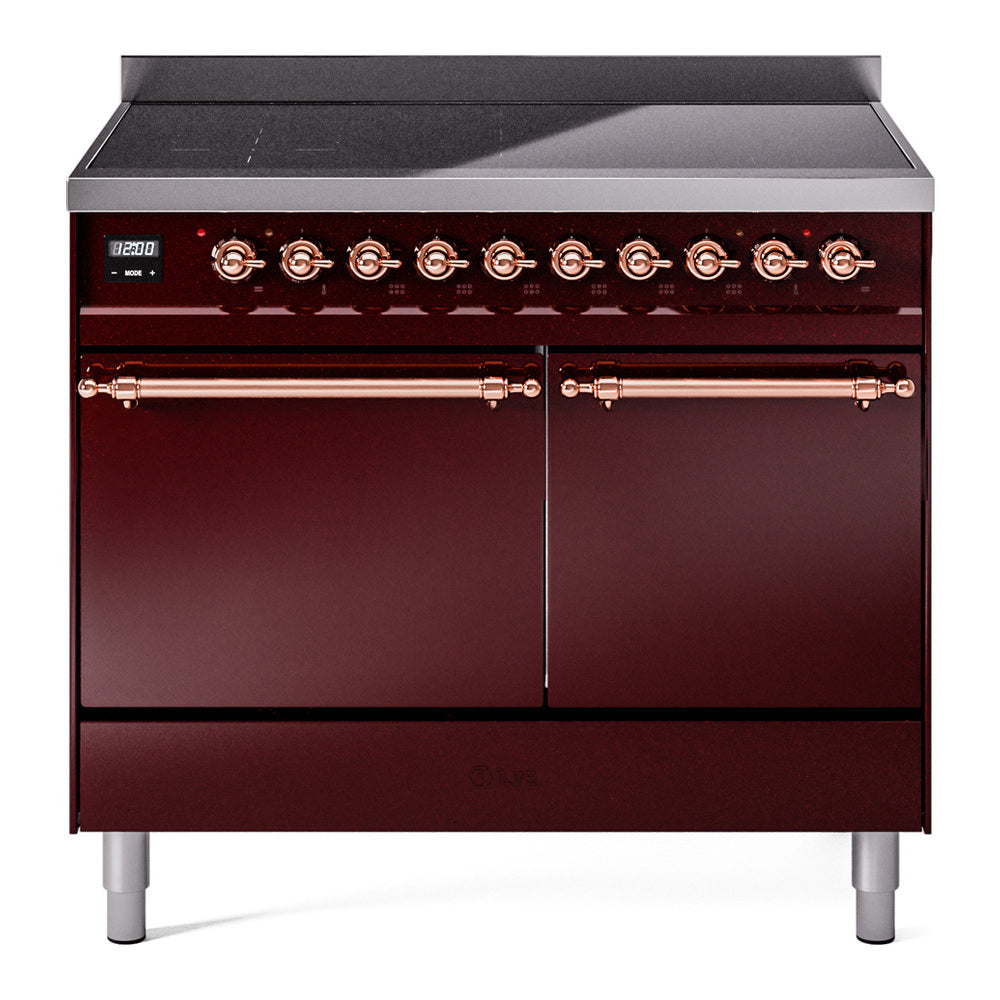 Burgundy induction range with knob controls, cooktop, and closed double oven doors