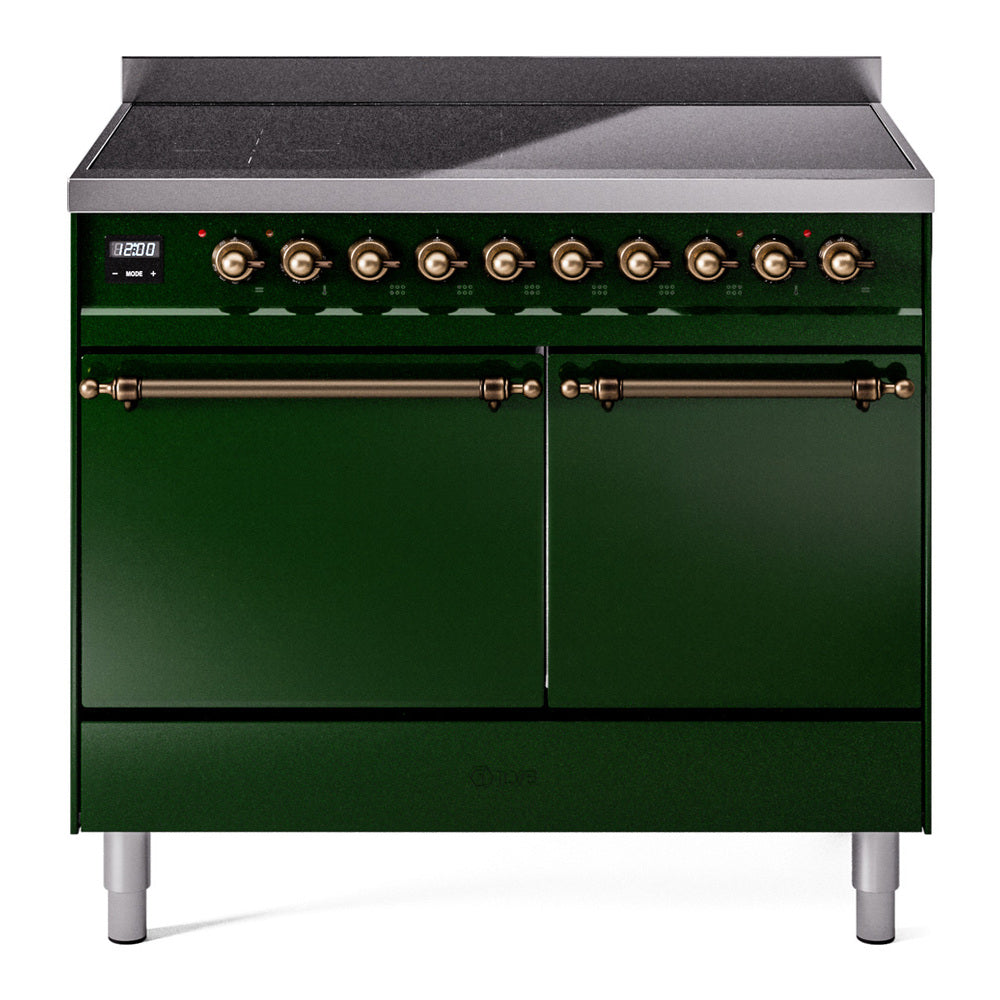 Emerald green induction range with two oven doors, bronze handles, and control panel