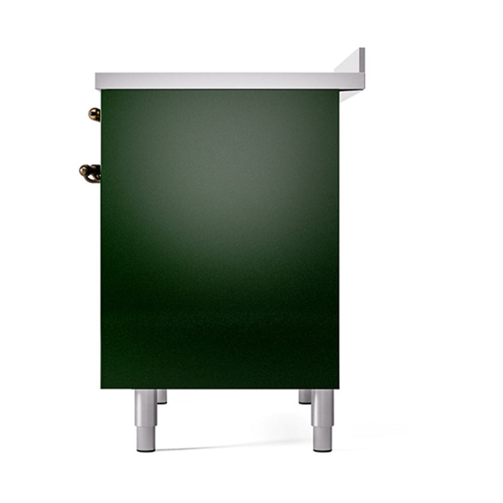 Emerald green oven door with bronze hinge brackets and silver leveling feet