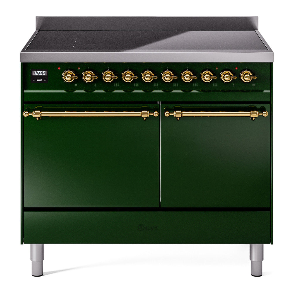 ILVE emerald green induction range with brass knobs and two oven doors