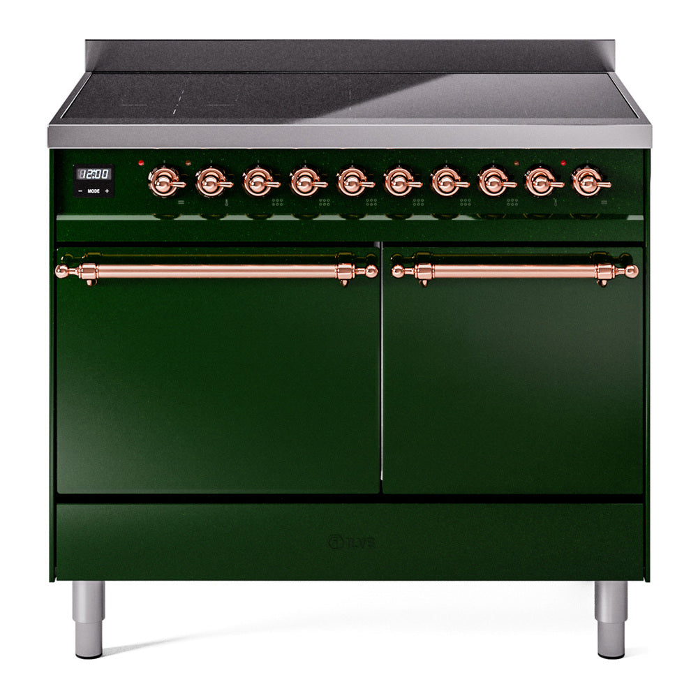 Emerald green induction range with two closed solid doors and copper handle trim