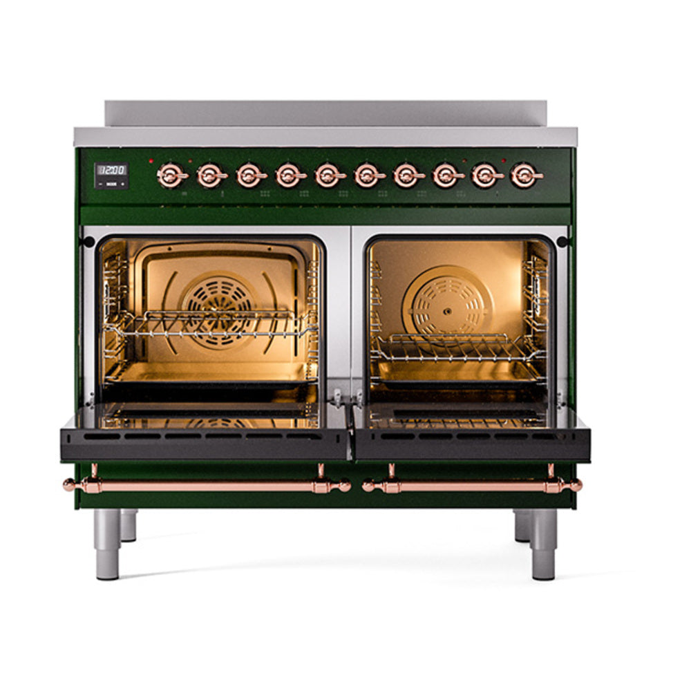 Emerald green induction range with two open solid-door ovens and copper trim