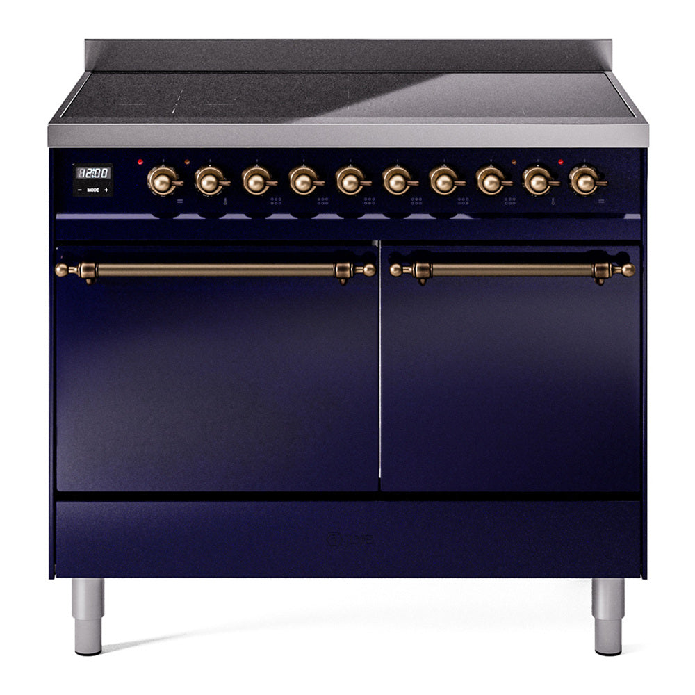Midnight blue induction range front with bronze control knobs and two oven doors
