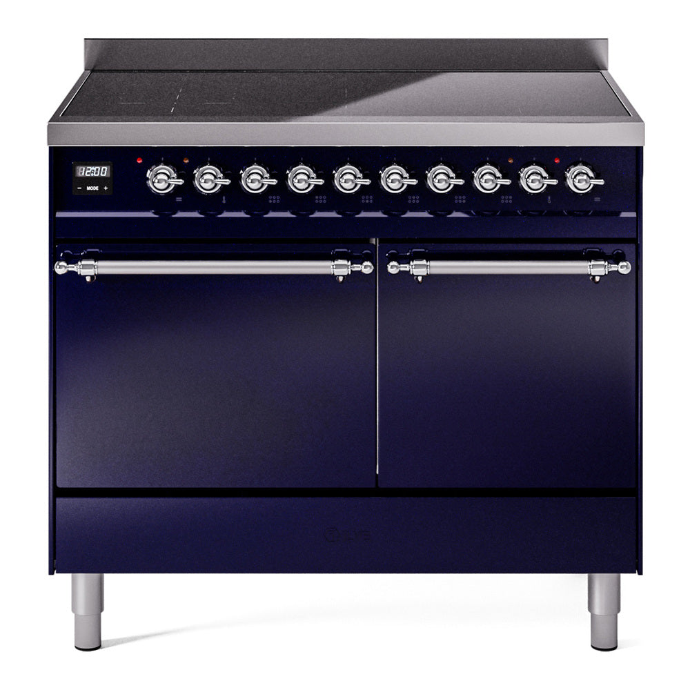 Induction range front view with chrome knobs, two closed oven doors, and blue enamel