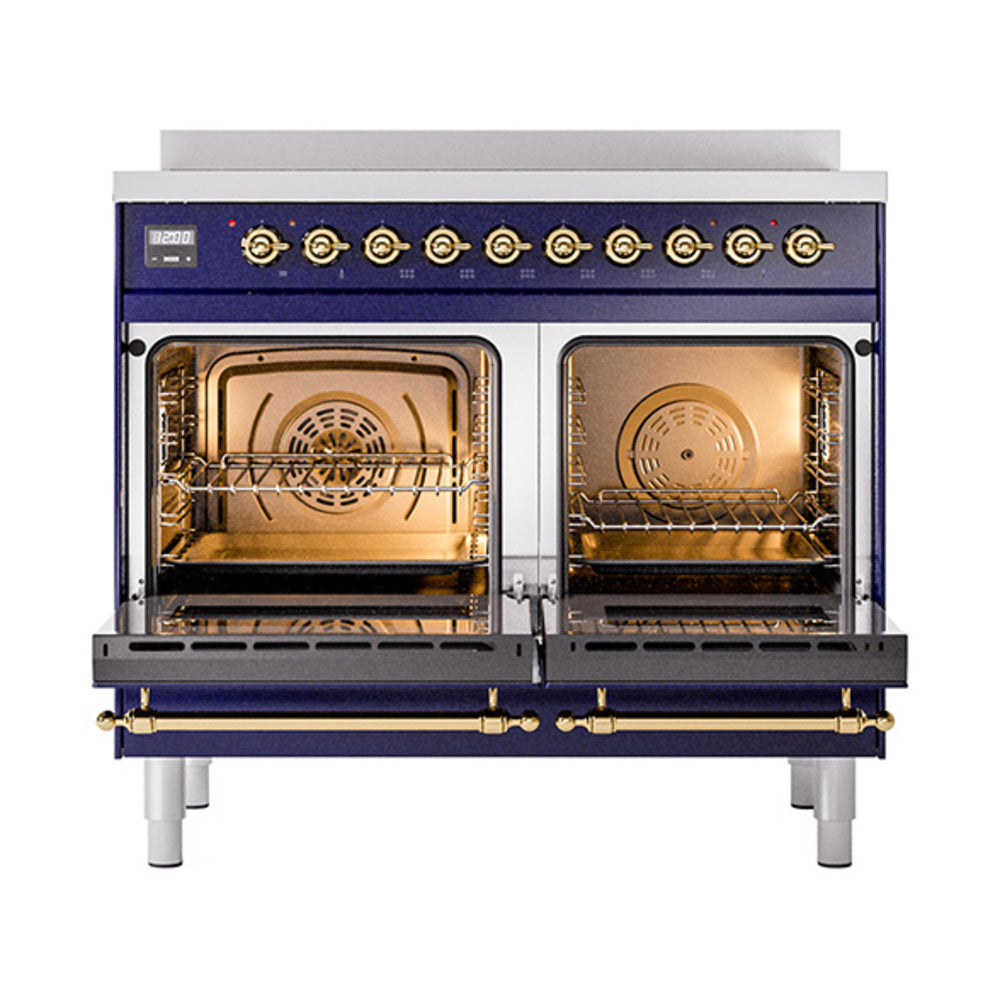 Midnight blue induction range with dual oven doors and brass-trim control knobs
