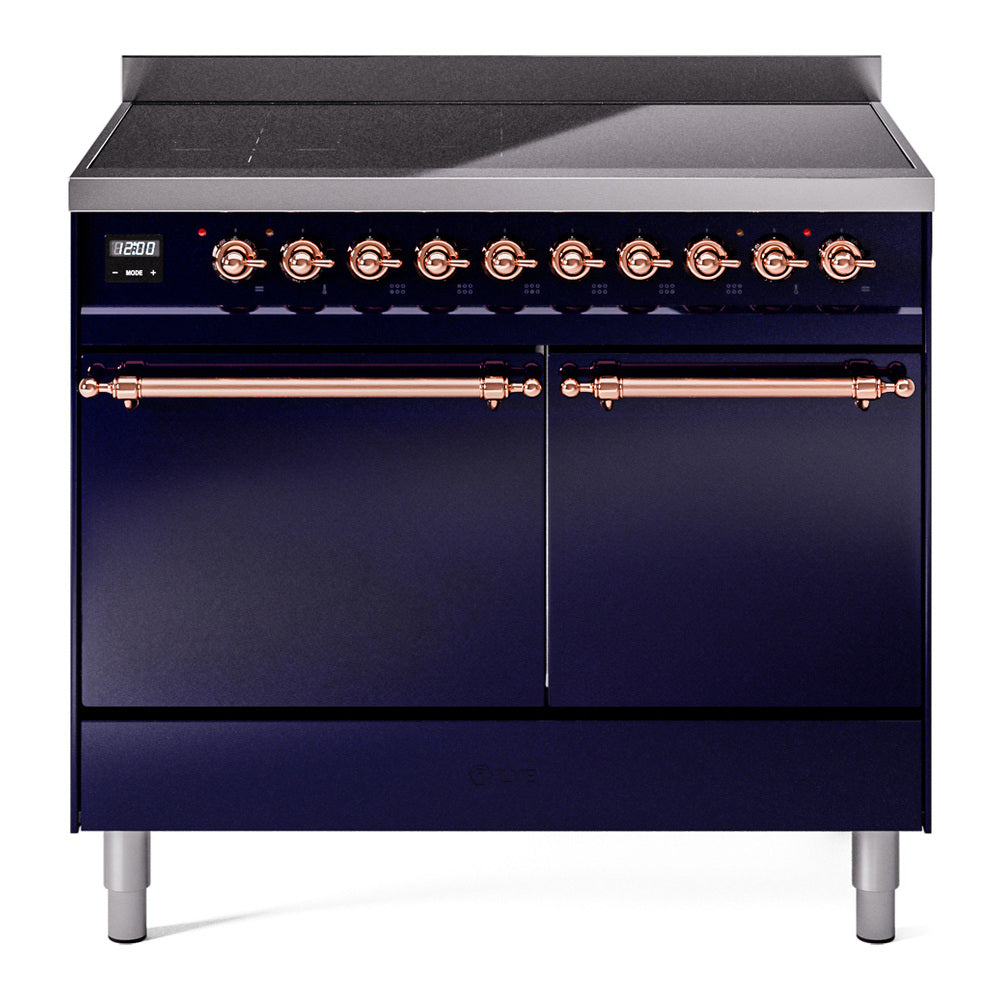 Induction range front with cooktop controls, midnight blue panels, and copper trim