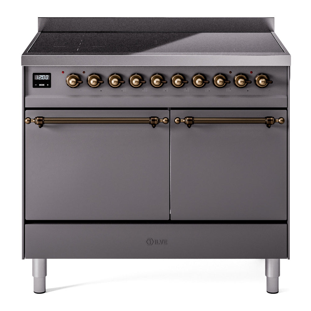 ILVE 40-inch induction range front view with bronze control knobs and solid doors