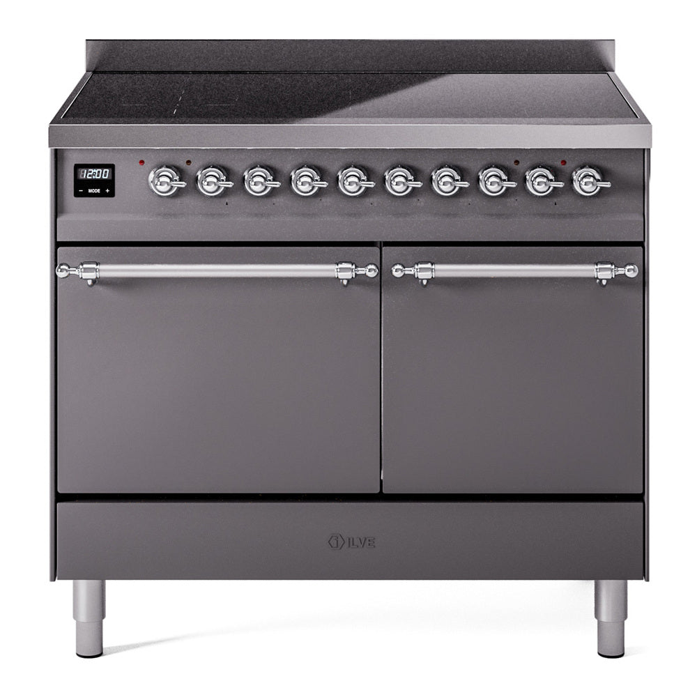 Induction range front with two oven doors, chrome control knobs and matte graphite finish