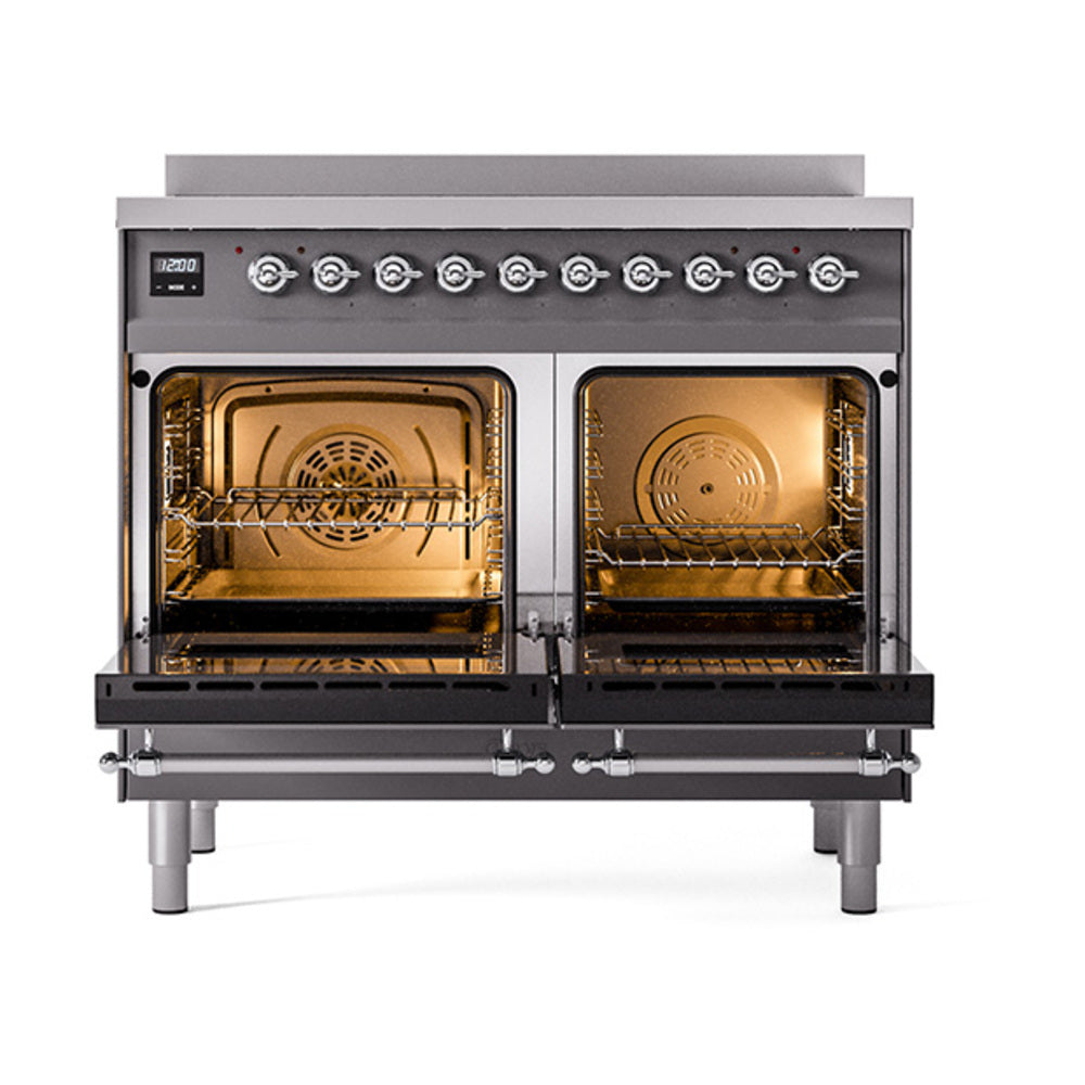 Induction range with two open ovens and chrome-trim control knobs, matte graphite