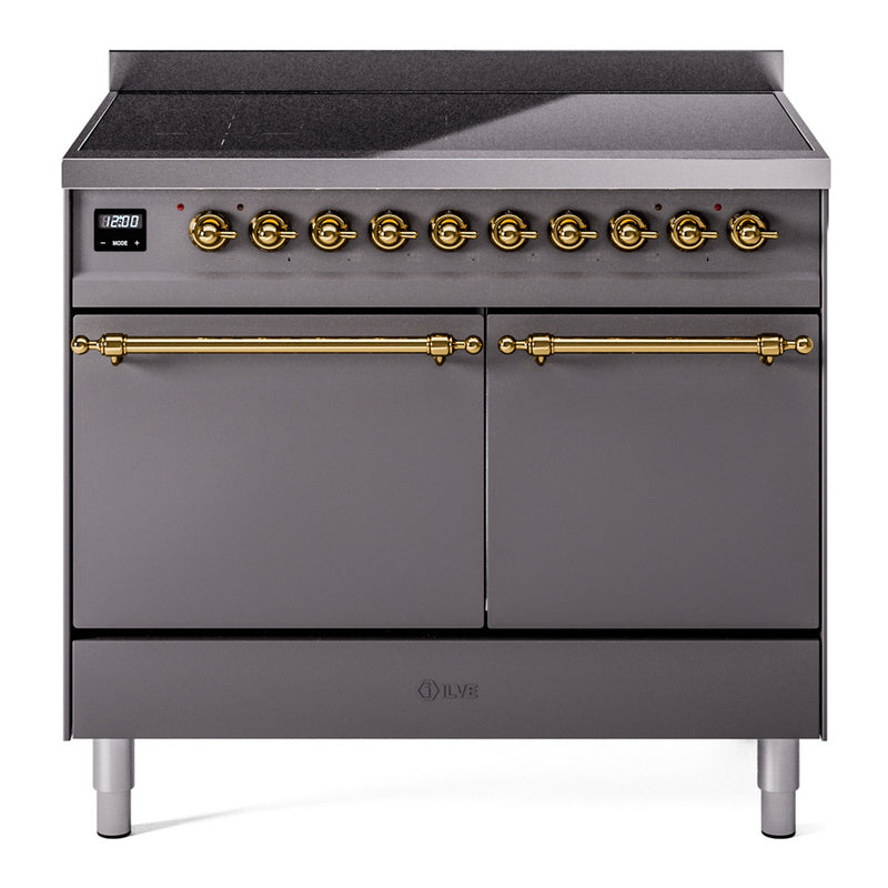 ILVE 40-Inch Nostalgie II Induction Range with Solid Door Oven in Matte Graphite with Brass Trim (UPDI406QNMPMGG)