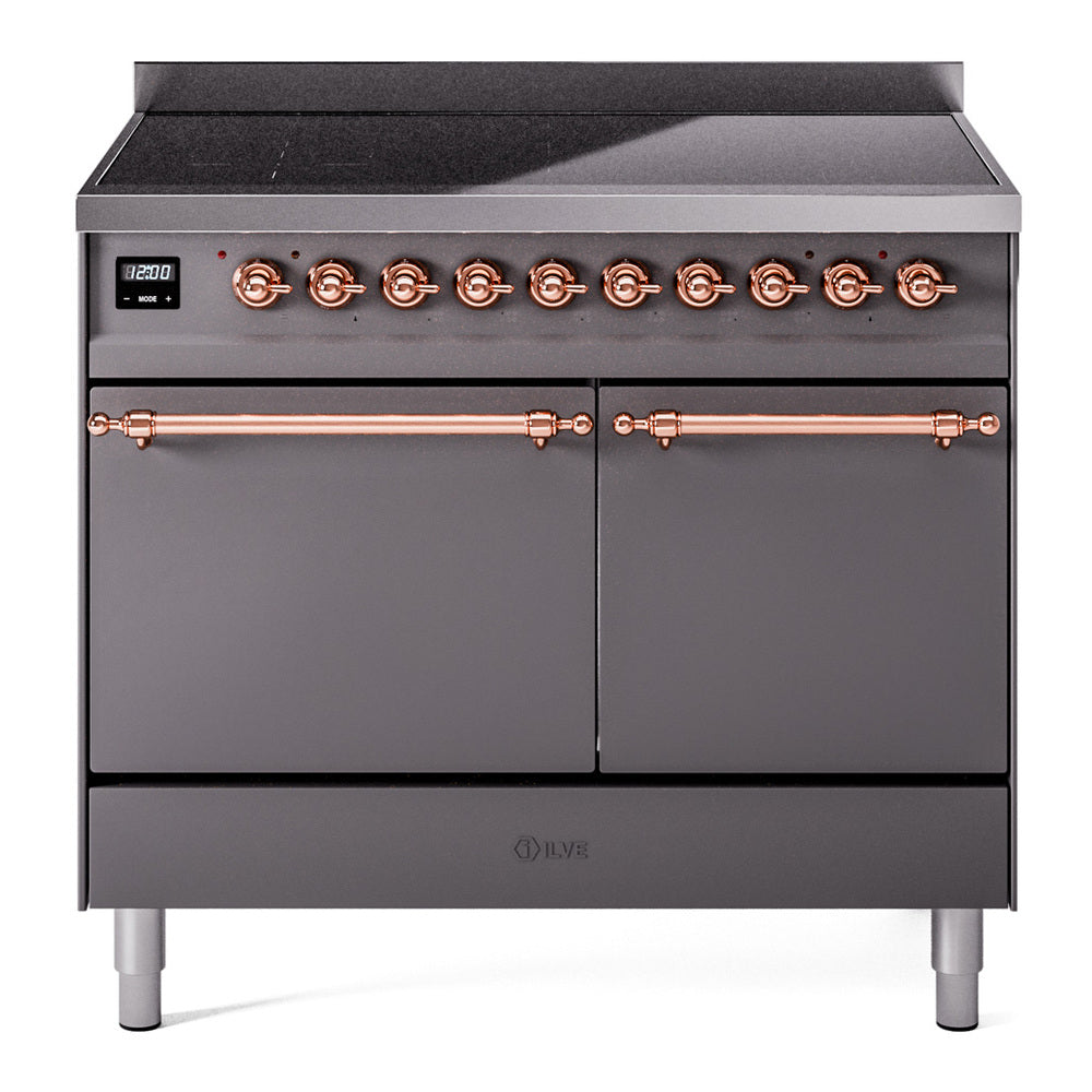 Induction range front with copper control knobs, black glass cooktop, double doors