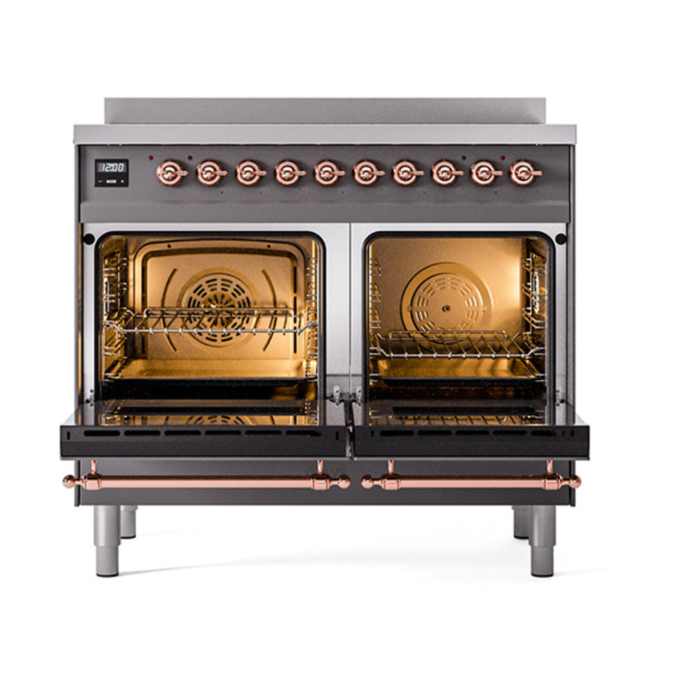 Induction range with two open oven doors, interior racks, copper-trim knobs