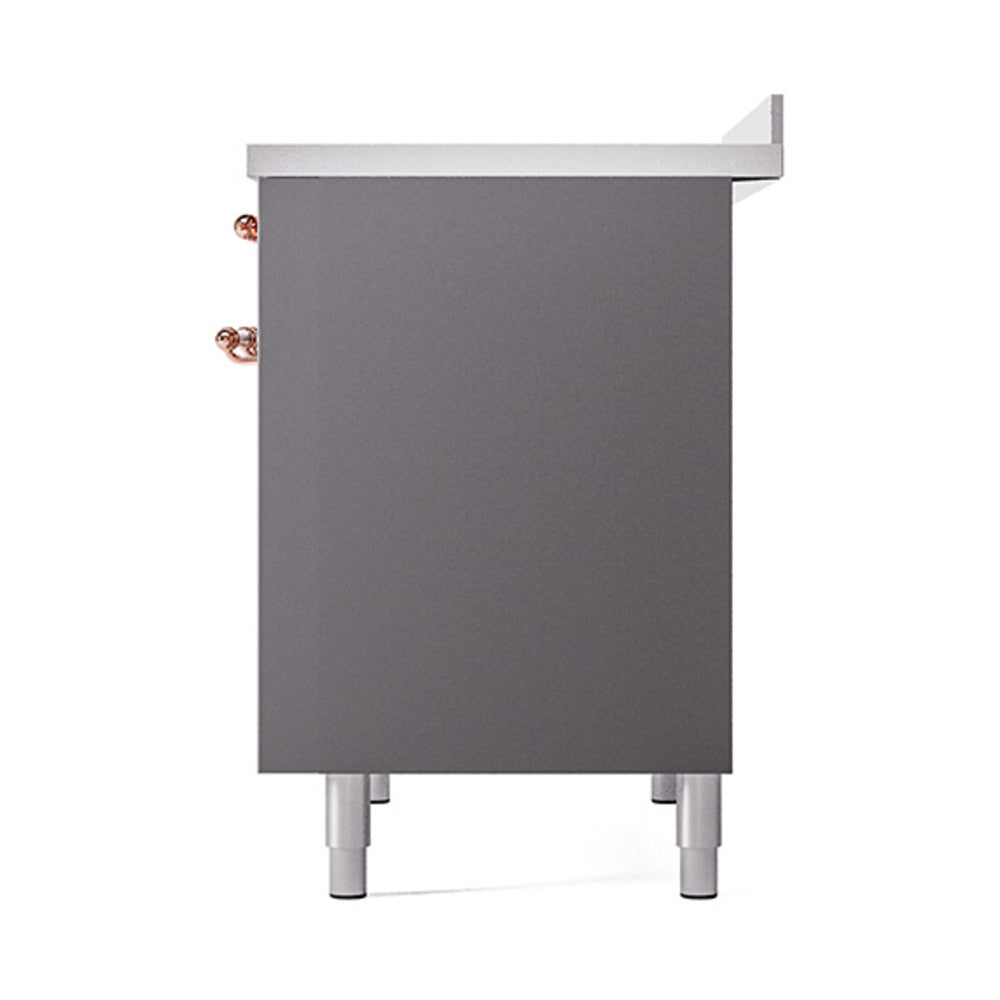 Matte graphite oven door panel with copper side handles and leveling legs