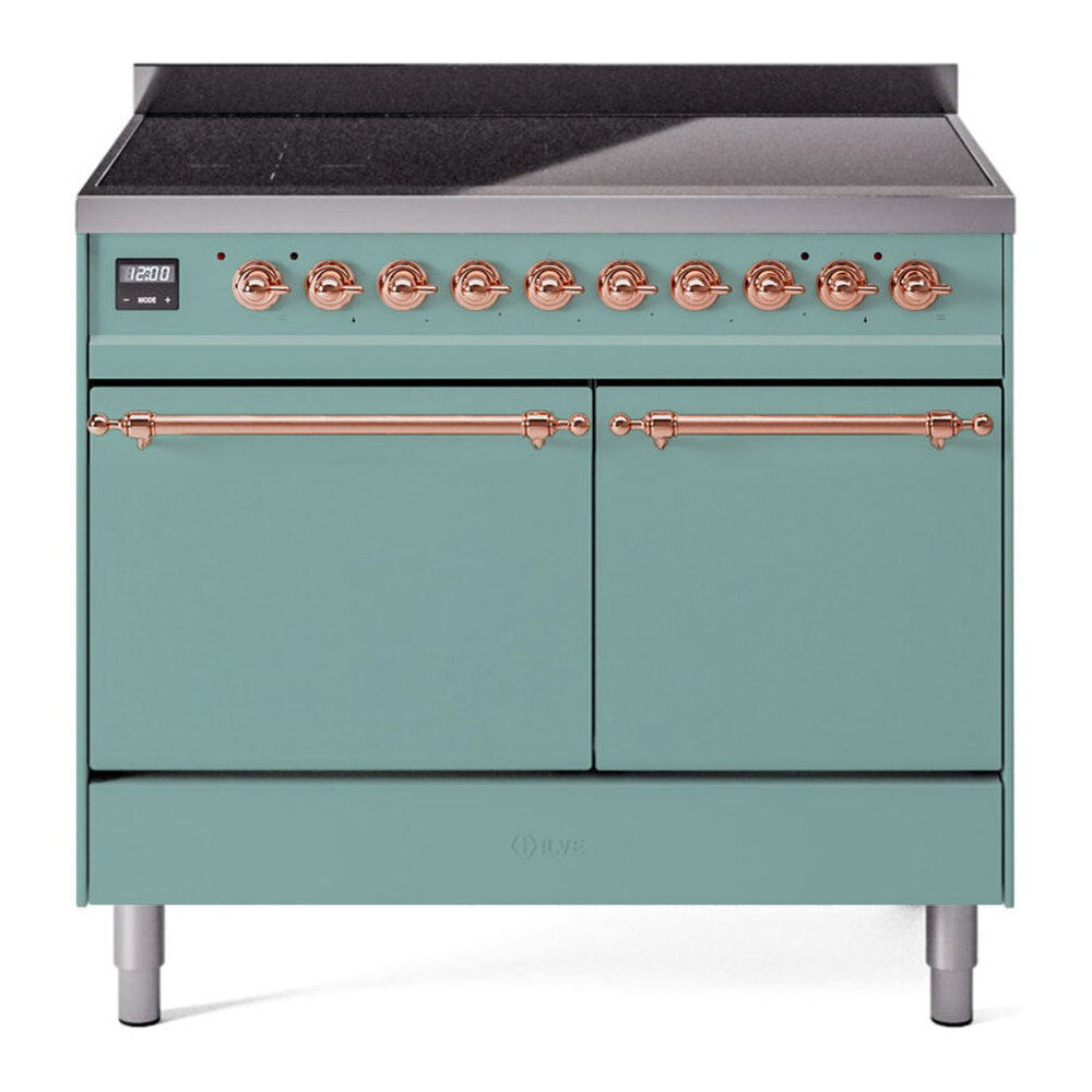 ILVE 40-Inch Nostalgie II Induction Range with Solid Door Oven in Mediterranean Mint with Copper Trim (UPDI406QNMPMMP)