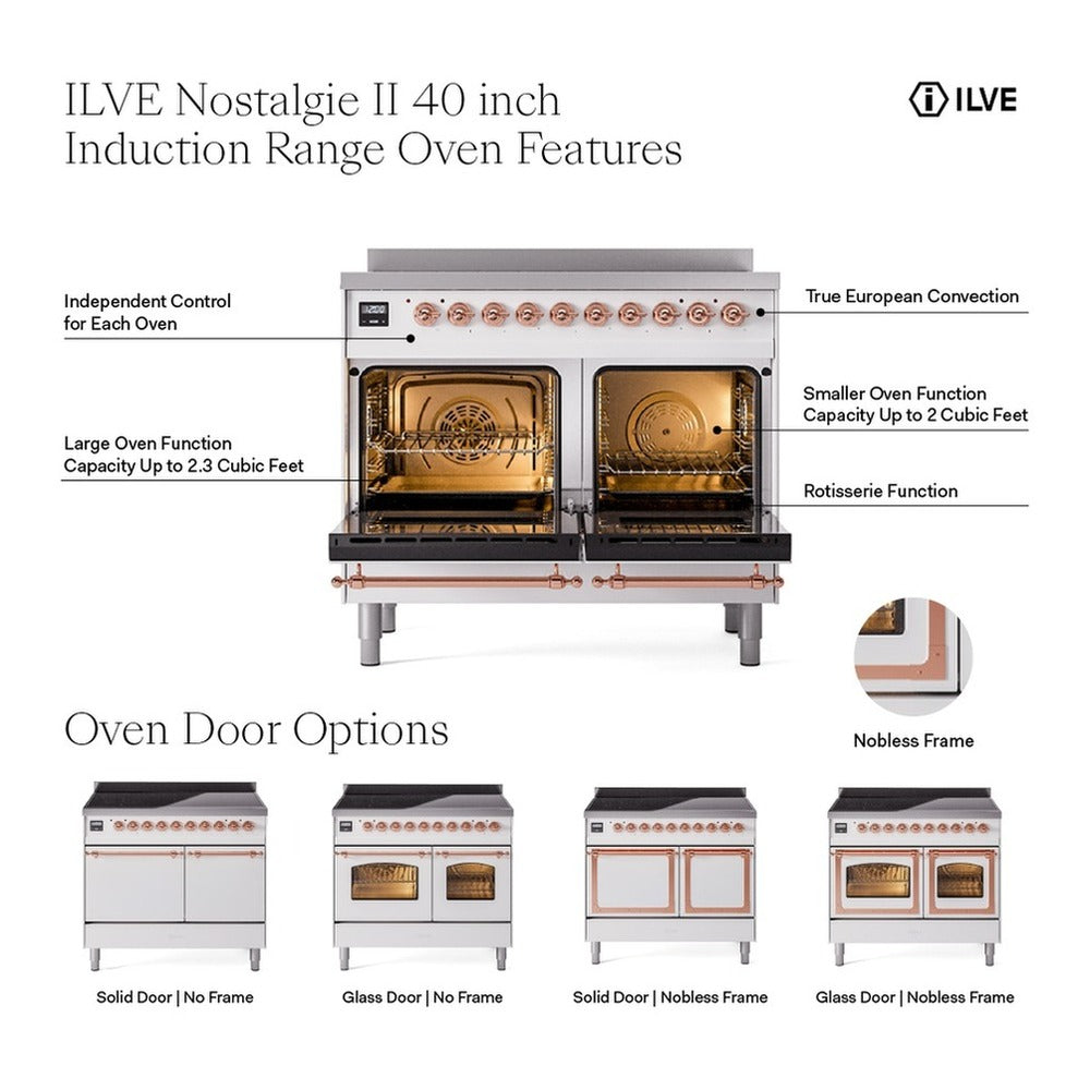 ILVE 40-Inch Nostalgie II Induction Range with Solid Door Oven in Mediterranean Mint with Copper Trim (UPDI406QNMPMMP)