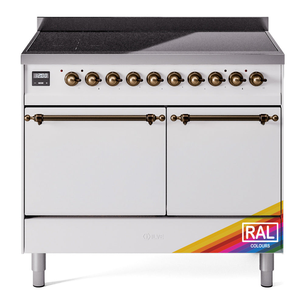 Induction range front with two cabinet doors and bronze control knobs
