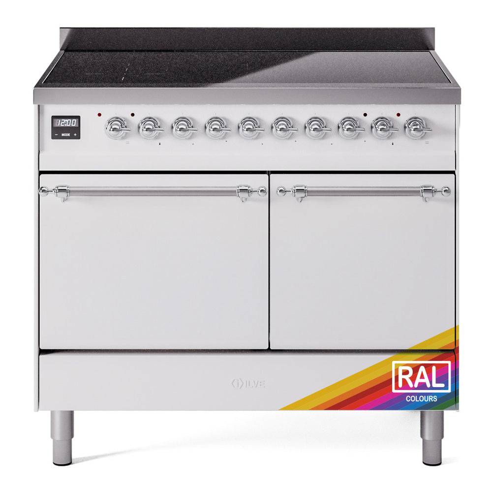 Dual-oven induction range with chrome control panel knobs and two closed doors