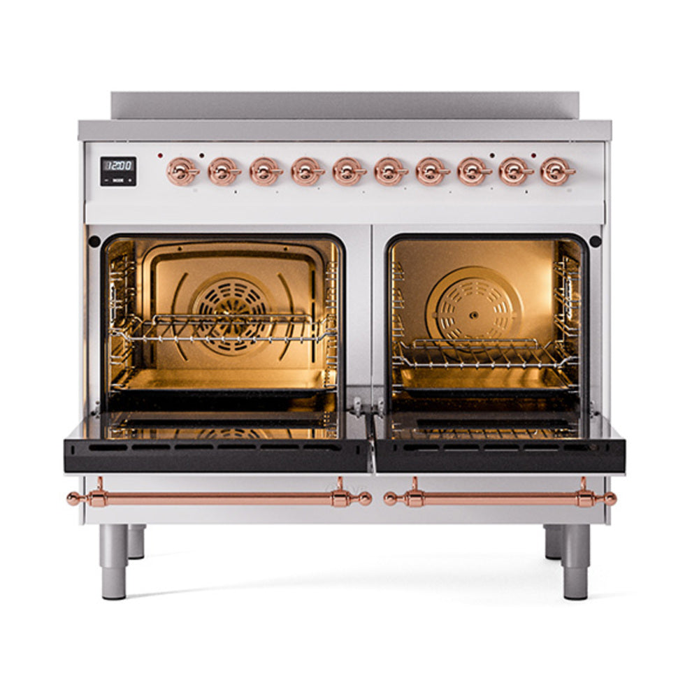 Freestanding induction range with two open ovens, racks, copper-trim controls, and solid doors
