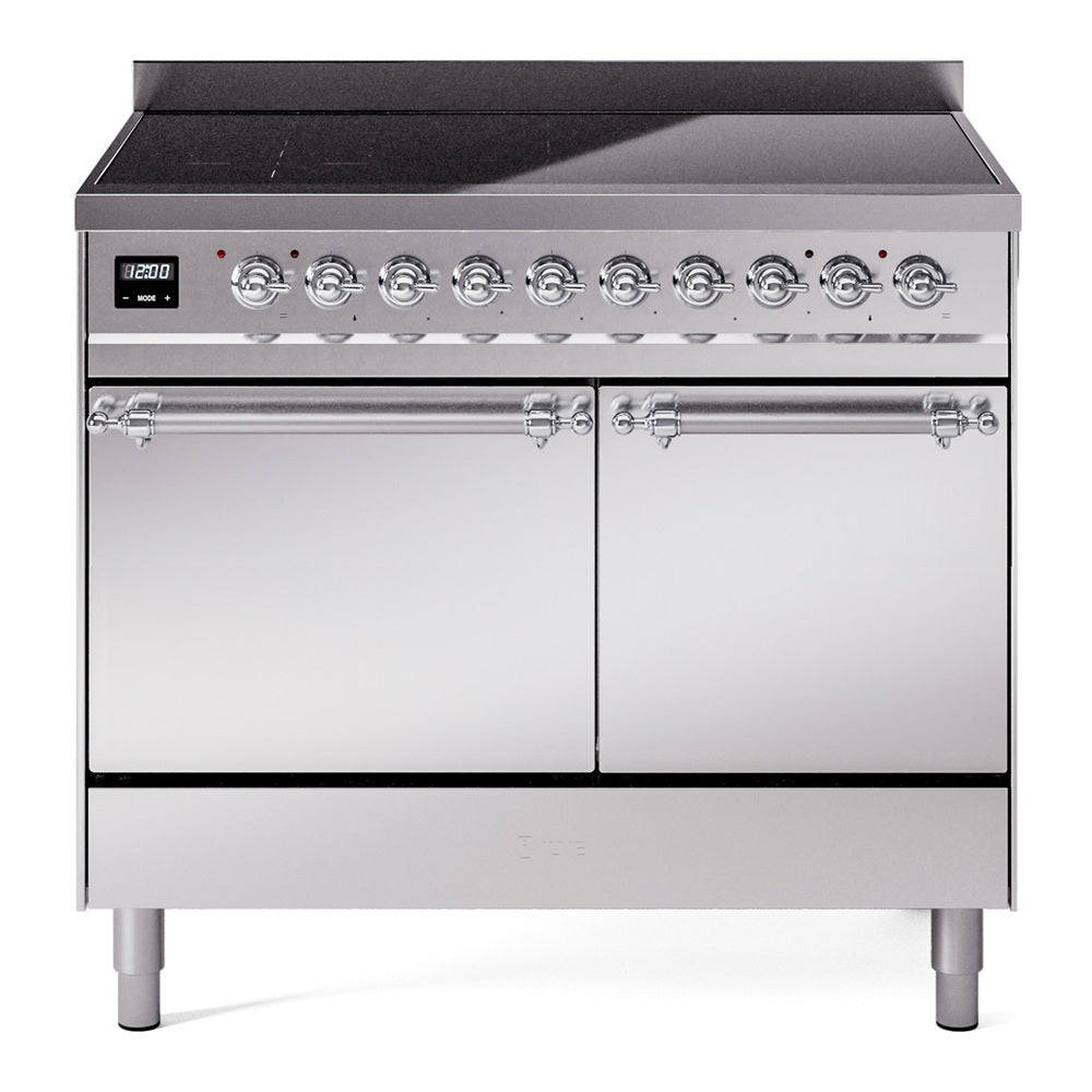 Stainless induction range with solid door oven, chrome knobs, and control panel