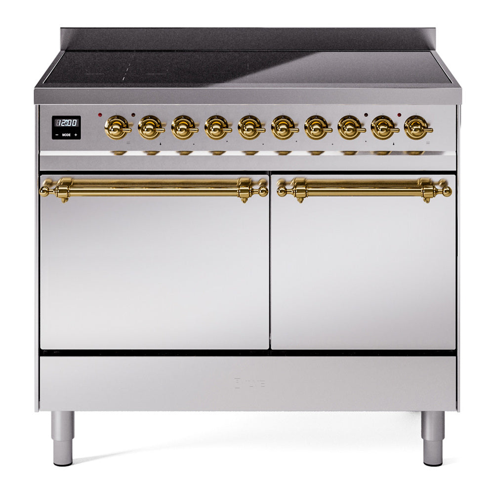 Stainless induction range front with brass knobs, double doors, and flat cooktop