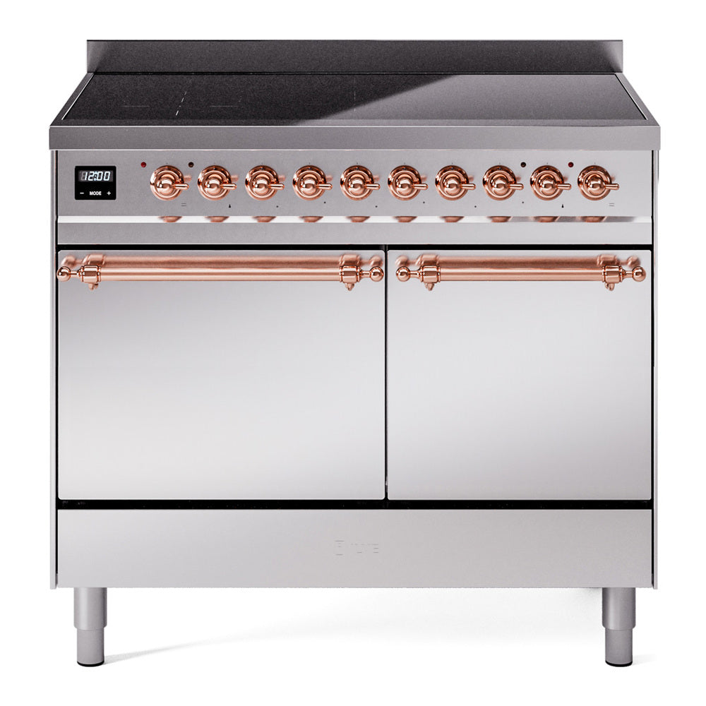 Stainless induction range front view with black cooktop, copper trim knobs, double doors