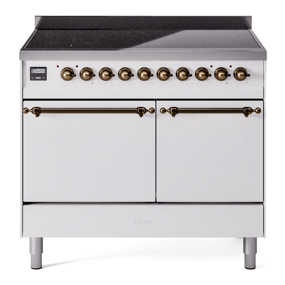 White induction range with bronze control knobs and two oven doors