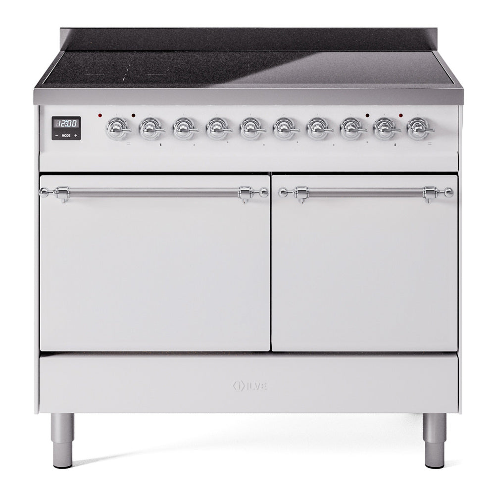White induction range front with chrome control knobs and two closed oven doors